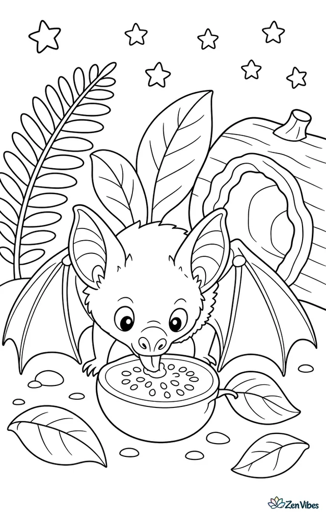 A common vampire bat drinks from a fallen guava on the forest floor, with fern fronds, broad leaves, and a hollow log nearby under starlight.