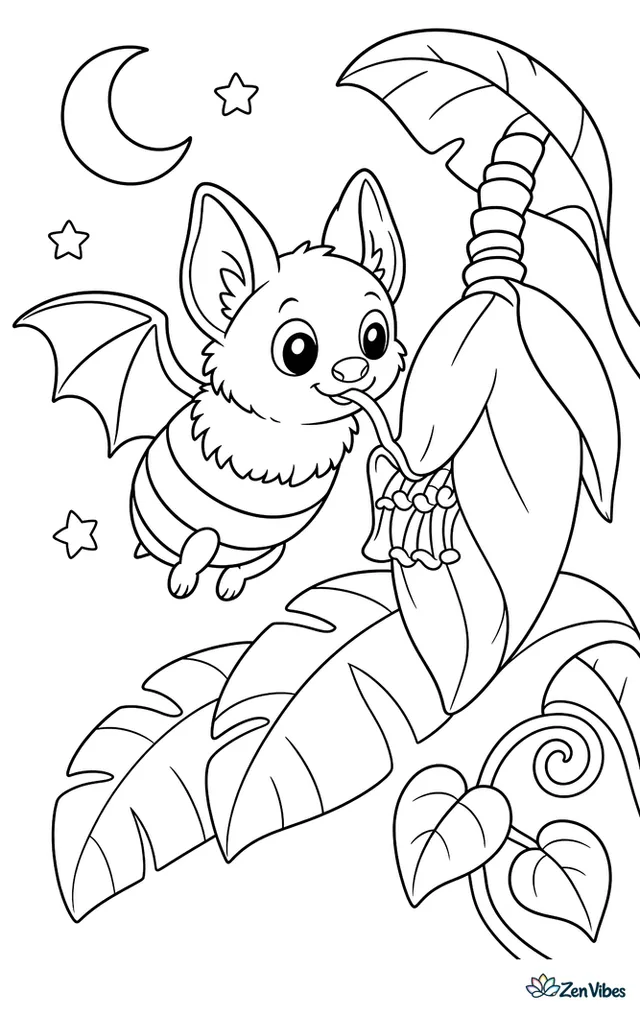 A bumblebee bat hovers beside a banana flower, sipping nectar, with layered leaves, one curled vine, and a soft nighttime garden background.