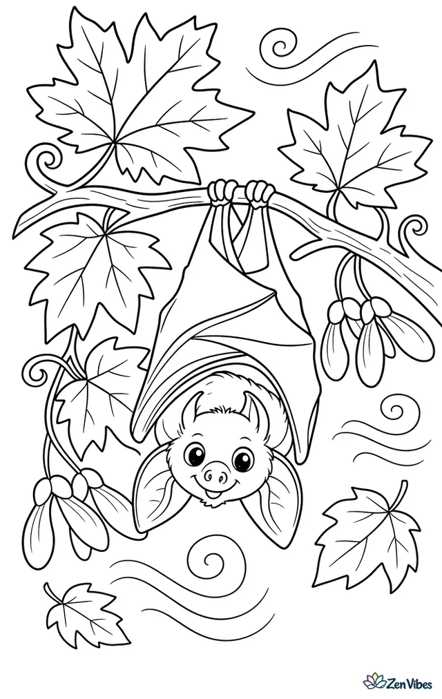 An eastern red bat hangs from a maple branch disguised among leaves, with paired seed pods, curling stems, and a breezy autumn sky.