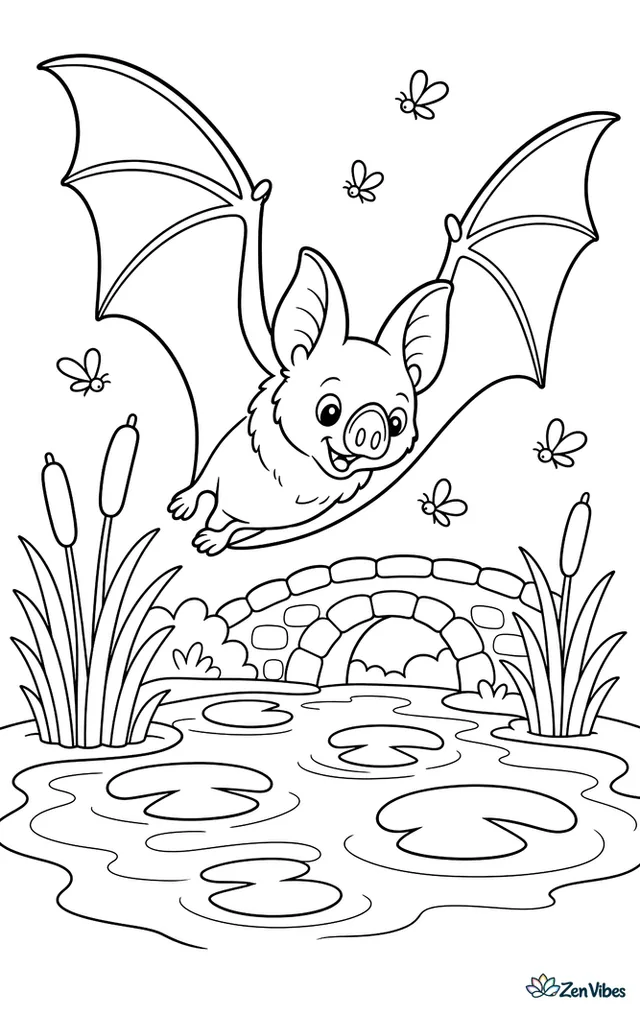 A greater horseshoe bat sweeps over a meadow pond catching insects, with reeds, lily pads, and a low stone bridge in the background.