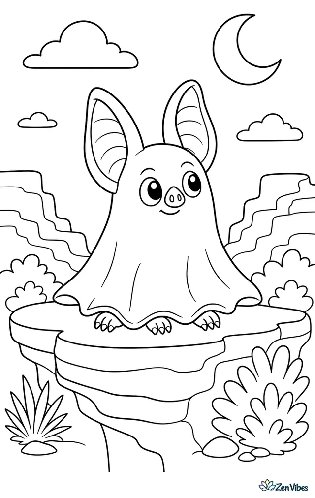 A ghost bat sits on a sandstone ledge at dusk, alert and listening, with layered cliffs, desert shrubs, and a wide evening sky behind.