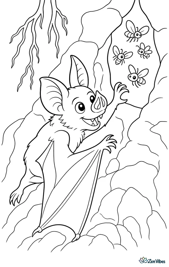 A California leaf-nosed bat crawls along a cave wall toward a cluster of insects, with rough stone texture, hanging roots, and a narrow opening.