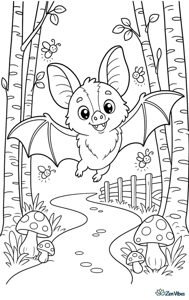 A tricolored bat drifts between slender birch trees over a woodland path, with fireflies, mushrooms, and a simple fence winding into the distance.
