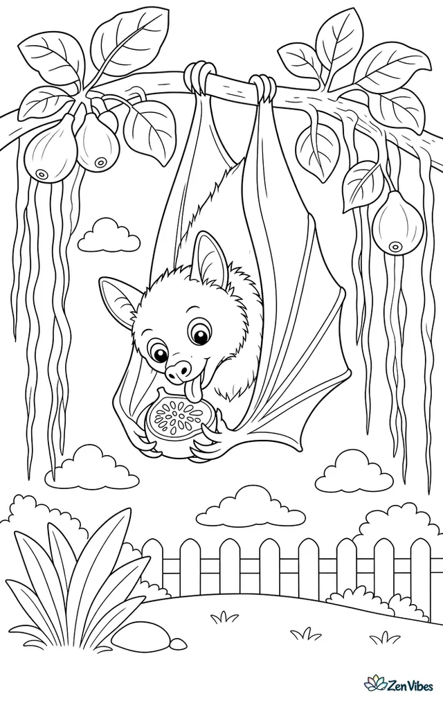 An Indian flying fox hangs from a banyan branch, licking juice from a fig, with aerial roots, broad leaves, and other figs around it.
