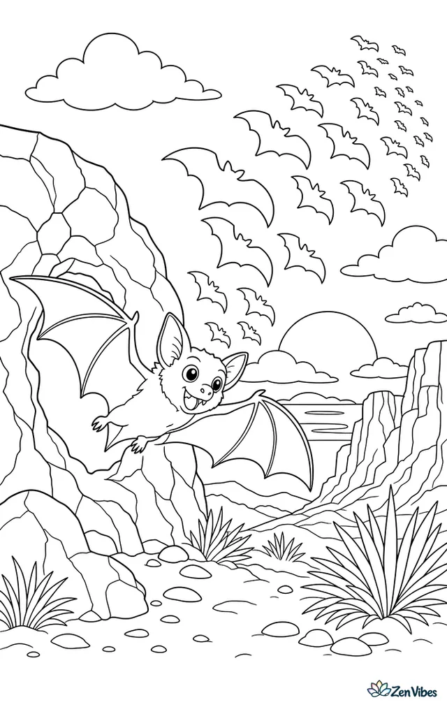 A Mexican free-tailed bat bursts from a cave opening at sunset, joining a swirling stream of bats, with rugged cliffs, desert grasses, and layered clouds.