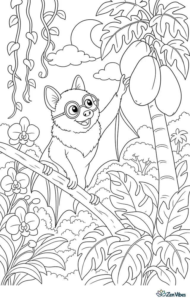 A spectacled flying fox climbs through rainforest branches toward ripe papayas, with glossy leaves, orchids, hanging vines, and distant moonlit treetops.