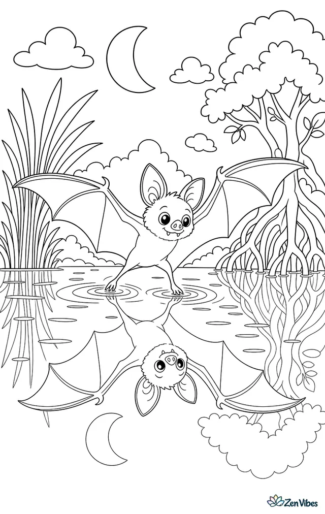 A greater bulldog bat skims a calm river surface with its feet, making ripples, with mangrove roots, reeds, and a half moon mirrored in water.