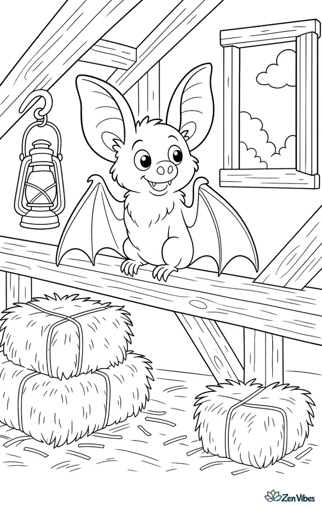 A brown long-eared bat listens from an old barn rafter, surrounded by hay bales, wooden beams, a lantern, and a small open window.