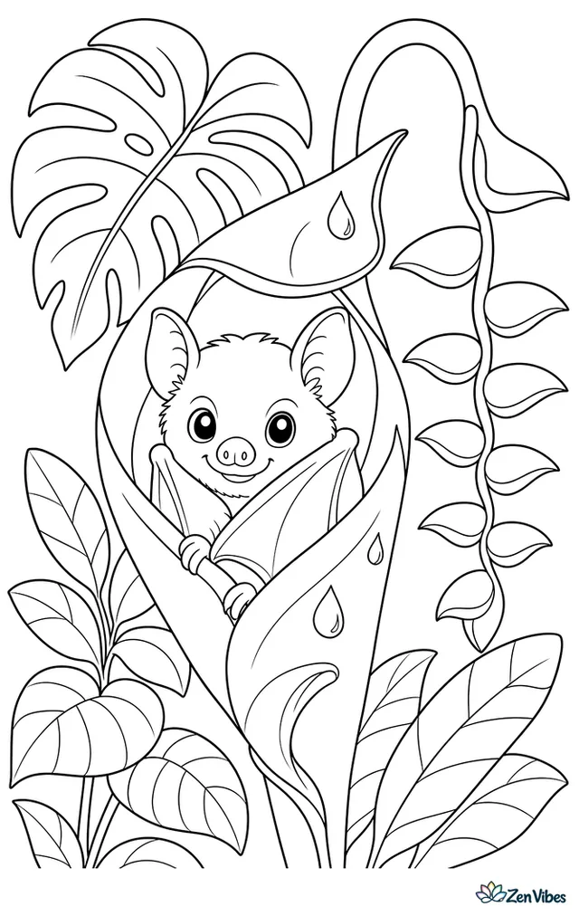 A Honduran white bat rests inside a furled heliconia leaf, surrounded by tropical foliage, curling leaf edges, dew drops, and dangling flower bracts.