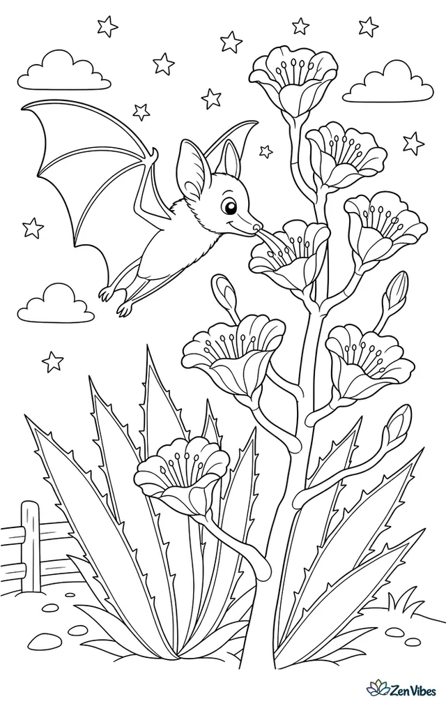 A lesser long-nosed bat hovers among blooming agave stalks, sipping nectar, with starry sky, spiky leaves, and several open flowers at different heights.
