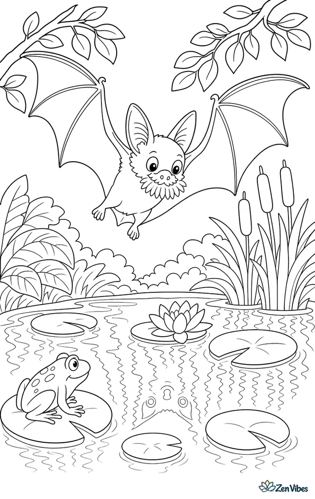 A fringe-lipped bat glides above a jungle pond listening for frogs, with lily pads, cattails, overhanging branches, and reflections shimmering across the water.