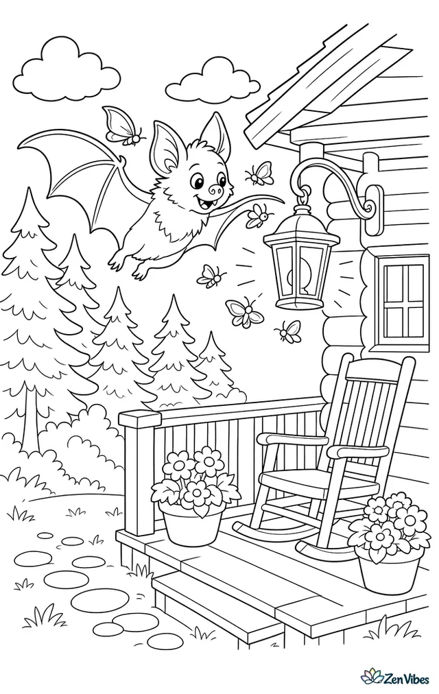 A silver-haired bat circles a forest cabin porch light catching moths, with railings, flower pots, pine trees, and a rocking chair on the porch.