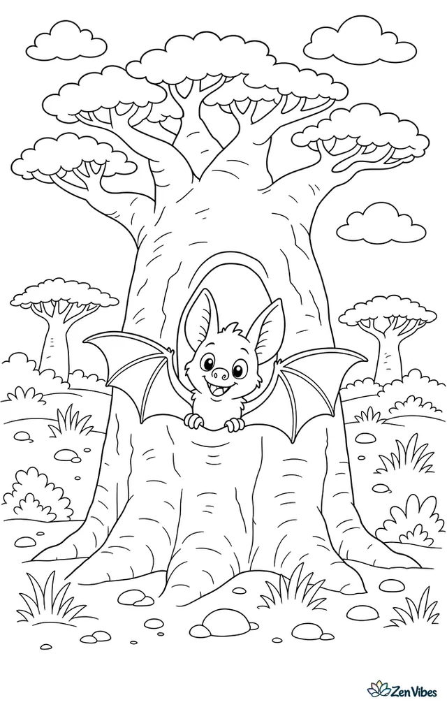 A yellow-winged bat peeks from a hollow baobab trunk, surrounded by acacia grassland, low shrubs, scattered stones, and a few clouds drifting overhead.