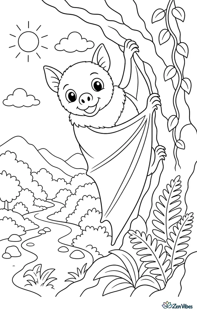 A greater sac-winged bat clings to a sunlit cave entrance wall, with ferns, vines, textured rock, and a stream curving through the valley below.