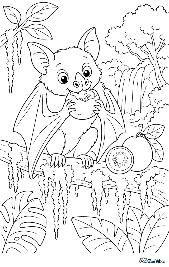A tube-nosed fruit bat nibbles guava on a mossy branch, with hanging lichen, broad tropical leaves, and a distant waterfall between trees.