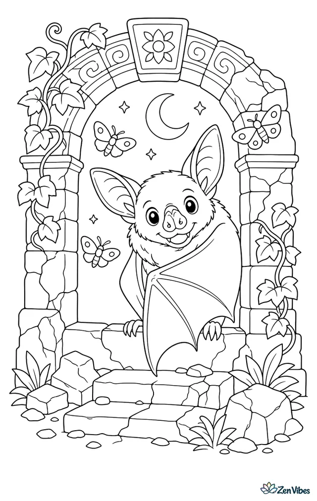 A greater false vampire bat rests in a temple ruin archway, with carved stones, climbing ivy, broken steps, and moths fluttering in the warm night.