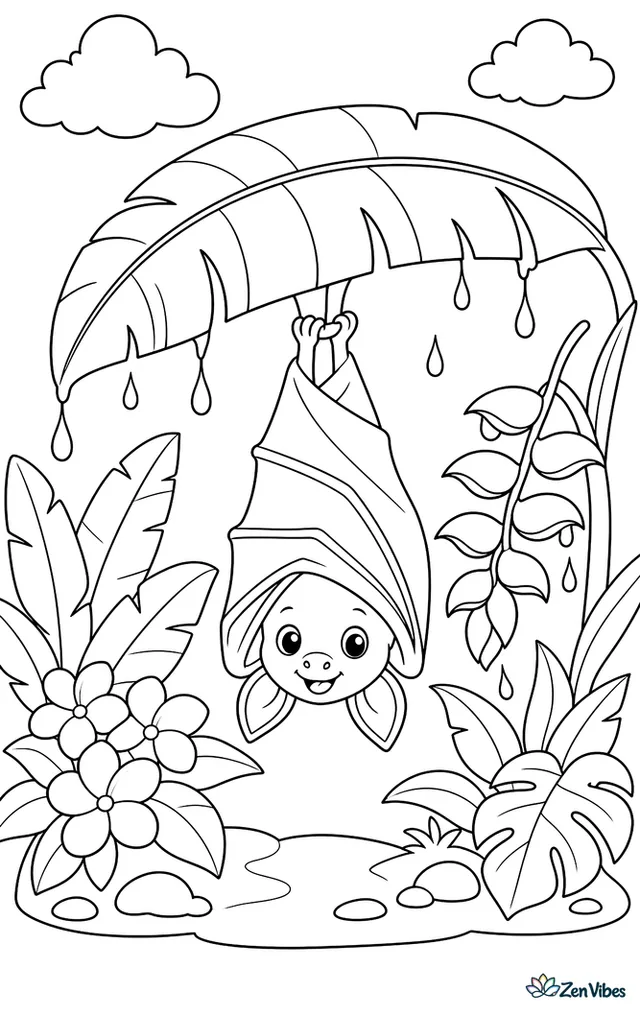 A painted bat hangs beneath a banana leaf like a curled ember, with layered foliage, flower clusters, and raindrops sliding from leaf tips.