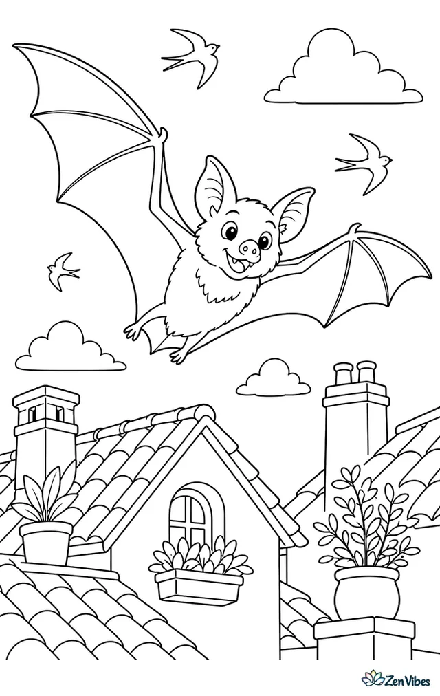 A greater mastiff bat soars above clay rooftops at dusk, with chimneys, tiled patterns, potted plants, and swallows crossing the evening sky.