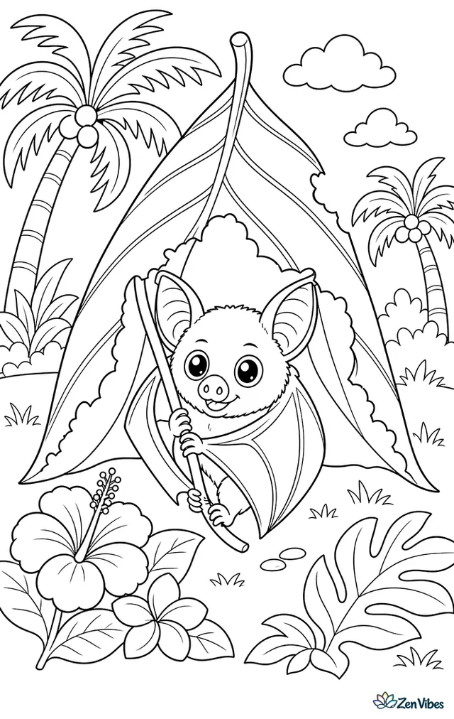 A Peters's tent-making bat shelters under a leaf tent it has chewed, with slanting veins, tropical blossoms, and neighboring palms in the humid garden.