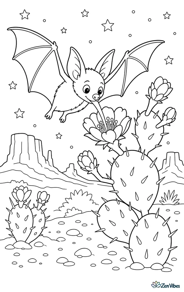A cave nectar bat reaches into cactus blossoms from a flowering branch, with thorny pads, open blooms, pebbled ground, and distant mesas under stars.