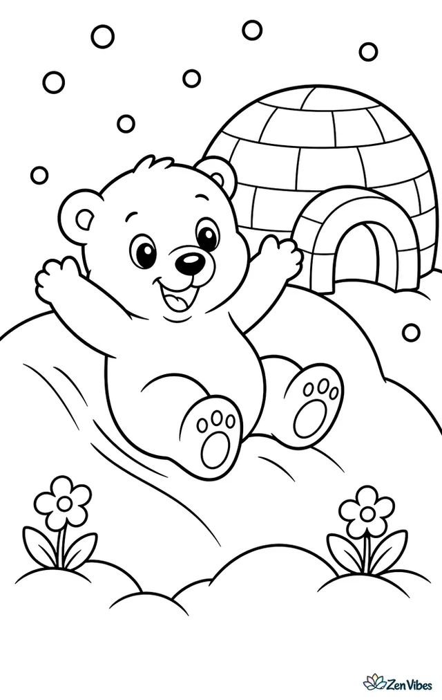 A polar bear cub slides down a gentle snowy hill beside a rounded igloo, with fluffy snowdrifts, falling snowflakes, and two tiny arctic flowers peeking through the ice.