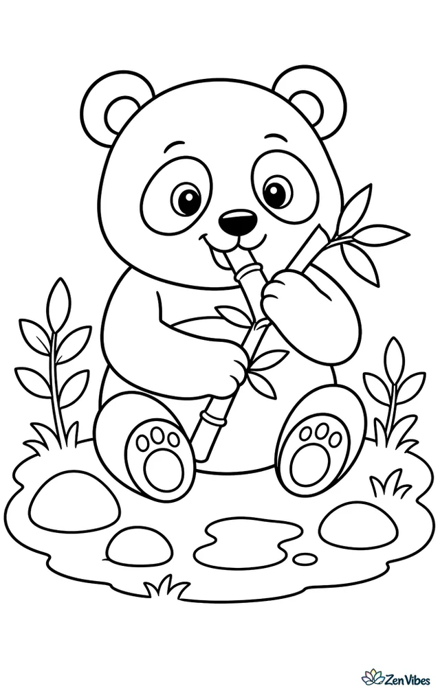 A giant panda sits on a grassy patch munching bamboo stalks, with three smooth rocks, a small puddle, and simple leafy stems around the quiet forest clearing.