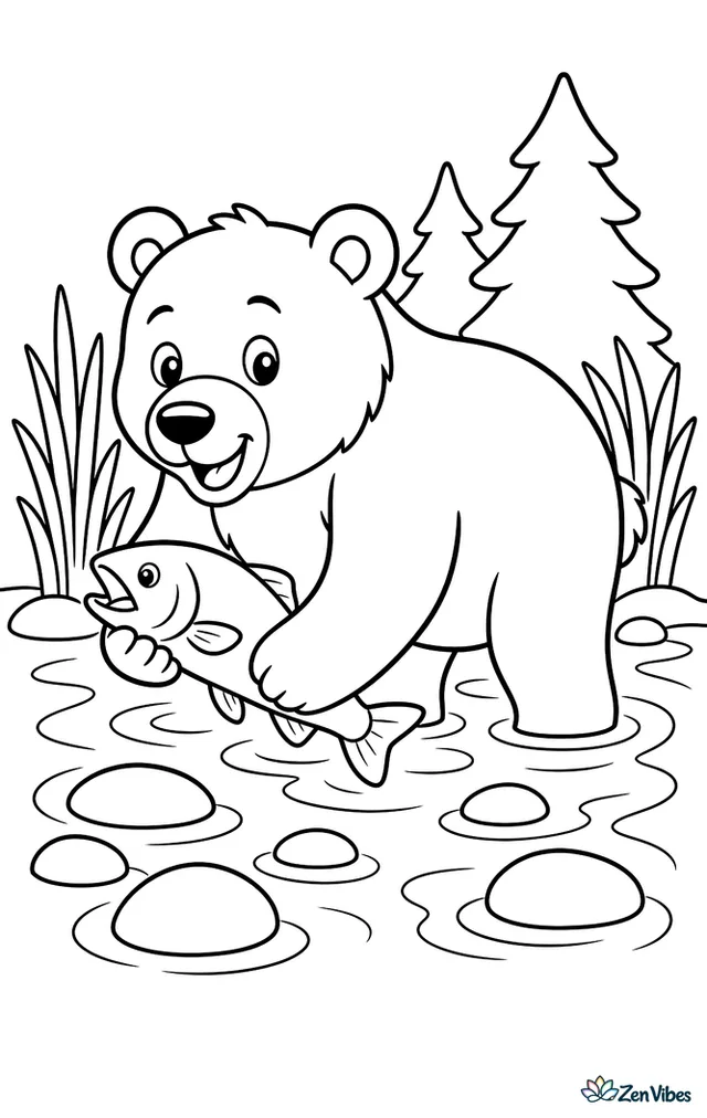A brown bear stands in a shallow stream catching a salmon, with rounded river stones, rippling water, tall reeds, and pine trees lining the riverbank.