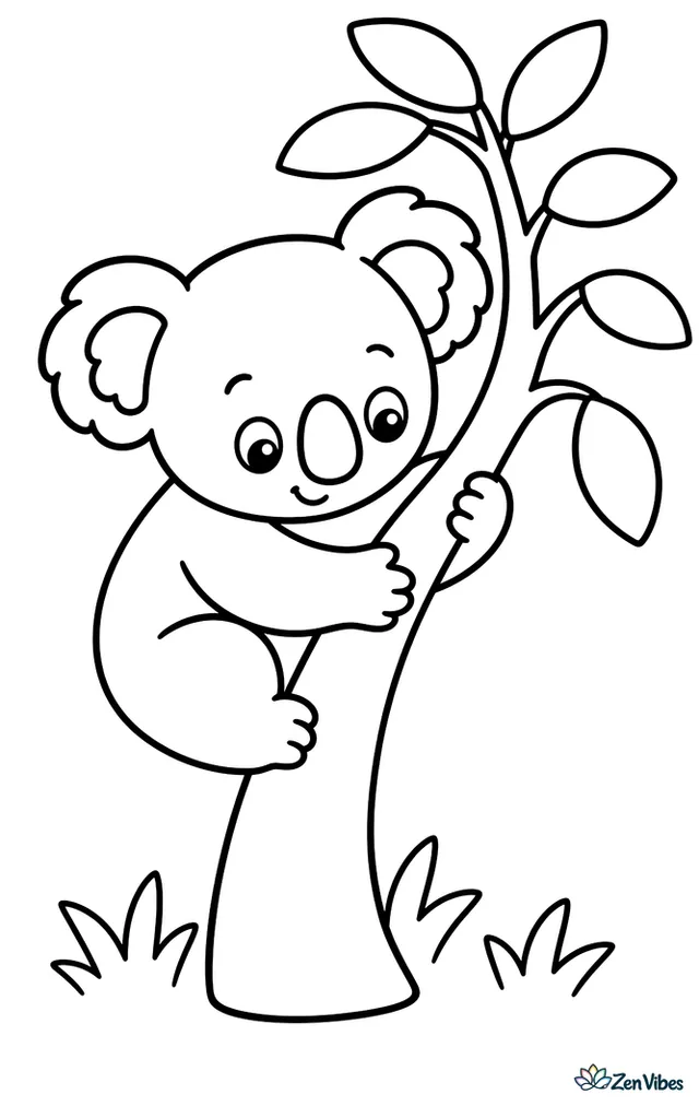 A koala hugs a eucalyptus branch while looking down at the ground, with simple round leaves, a curved tree trunk, and a few grass tufts below.