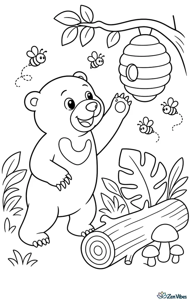 A sun bear reaches toward a beehive hanging from a tree branch, with buzzing bees, broad jungle leaves, a fallen log, and small mushrooms on the forest floor.