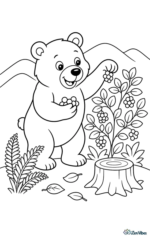 An American black bear stands beside a berry bush picking ripe berries, with ferns, a tree stump, scattered leaves, and distant hills under a clear sky.