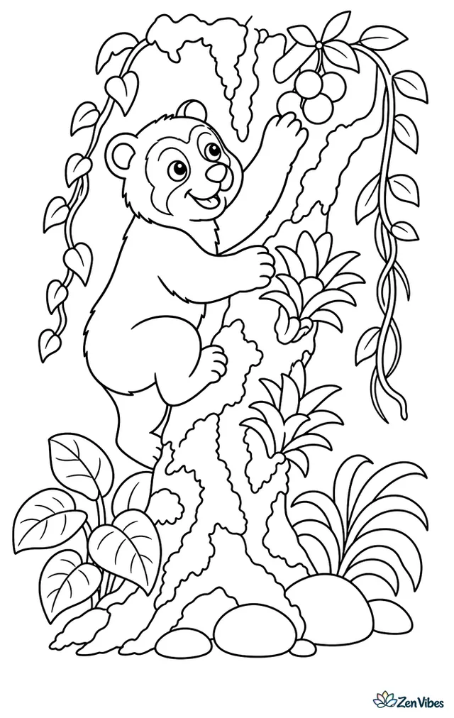 A spectacled bear climbs a mossy mountain tree searching for fruit, with hanging vines, bromeliads, smooth rocks, and cloud forest plants all around the trunk.