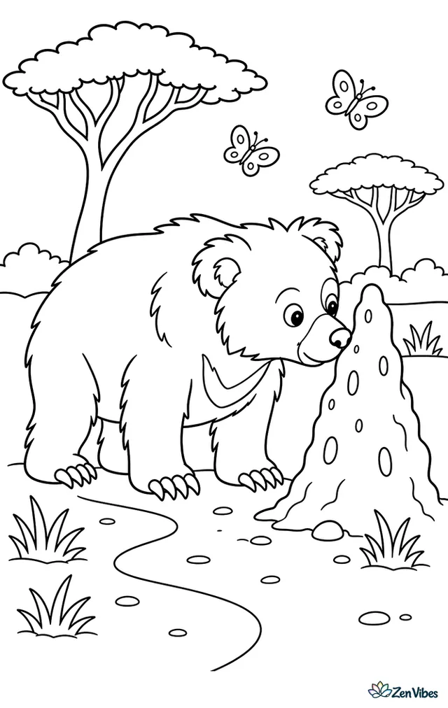 A sloth bear sniffs at a termite mound in a dry woodland, with acacia trees, tufts of grass, a curved dirt path, and fluttering butterflies nearby.
