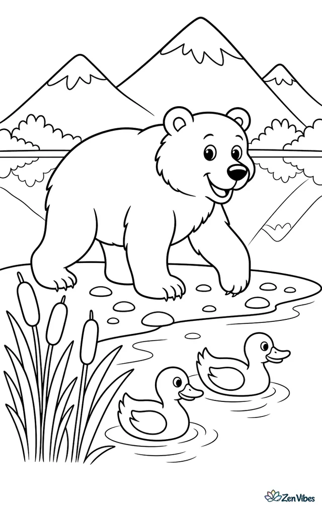 A grizzly bear walks along a calm lakeshore, with drifting cattails, smooth pebbles, reflected mountains, and a pair of ducks floating near the reeds.