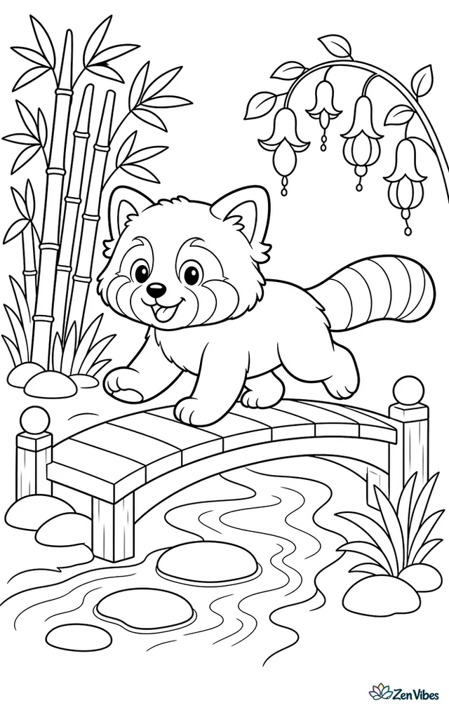 A red panda trots across a wooden garden bridge, with bamboo clumps, stepping stones, a winding stream, and dangling lantern-shaped flowers nearby.