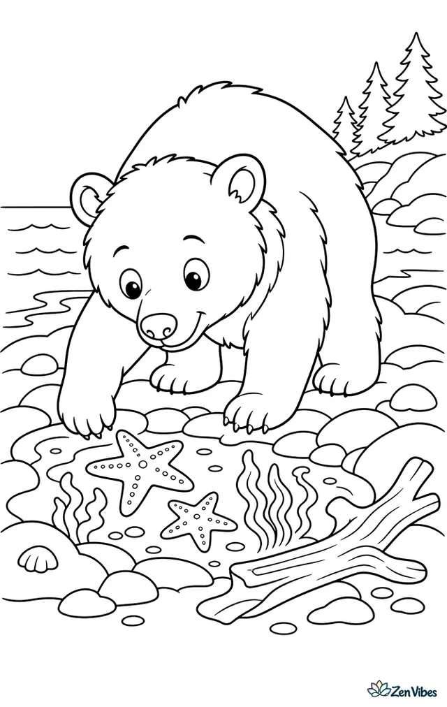 A spirit bear explores a rocky tide pool at the shore, with starfish, seaweed, driftwood, gentle waves, and distant evergreen trees along the coast.