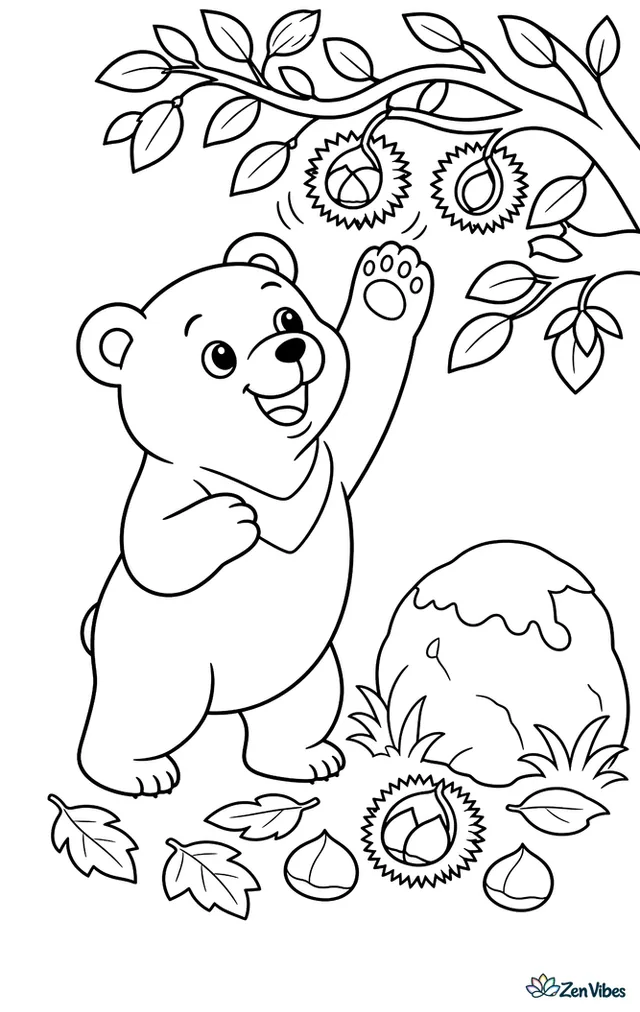 An Asian black bear reaches up to shake chestnuts from a tree, with prickly husks, fallen leaves, a mossy boulder, and layered forest branches overhead.
