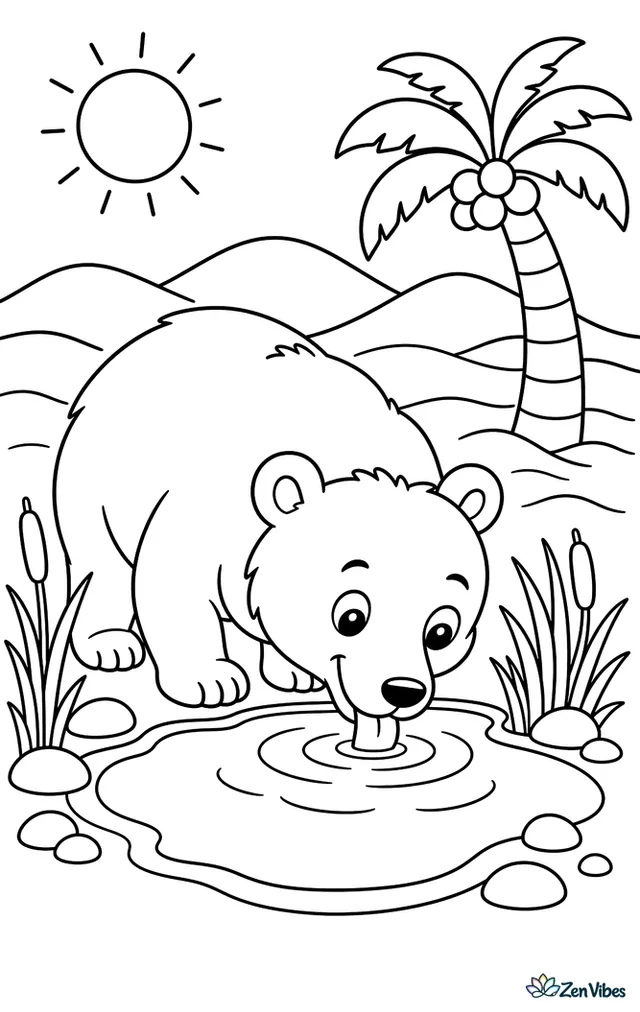 A Gobi bear drinks from a small desert oasis, with reeds, rounded dunes, scattered stones, a date palm, and wavy sand patterns under the sun.