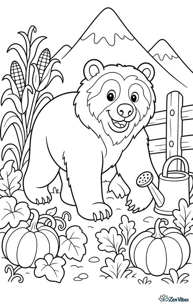 An Andean bear wanders through a mountain vegetable garden, with corn stalks, pumpkins, a wooden fence, watering cans, and tall peaks behind the plot.