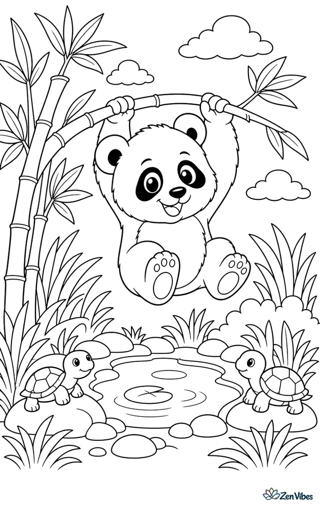 A giant panda cub swings from a low bamboo stalk, with leafy shoots, a round pond, two turtles on stones, and layered grasses in the grove.