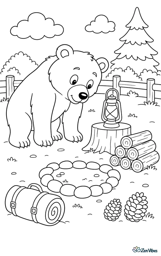 A brown bear investigates an empty campsite, with a rolled sleeping bag, a lantern on a stump, stacked firewood, pinecones, and a ring of stones.