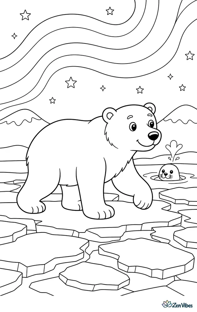 A polar bear walks across sea ice beneath waving northern lights, with cracked ice floes, a distant seal breathing hole, snowy hills, and stars overhead.