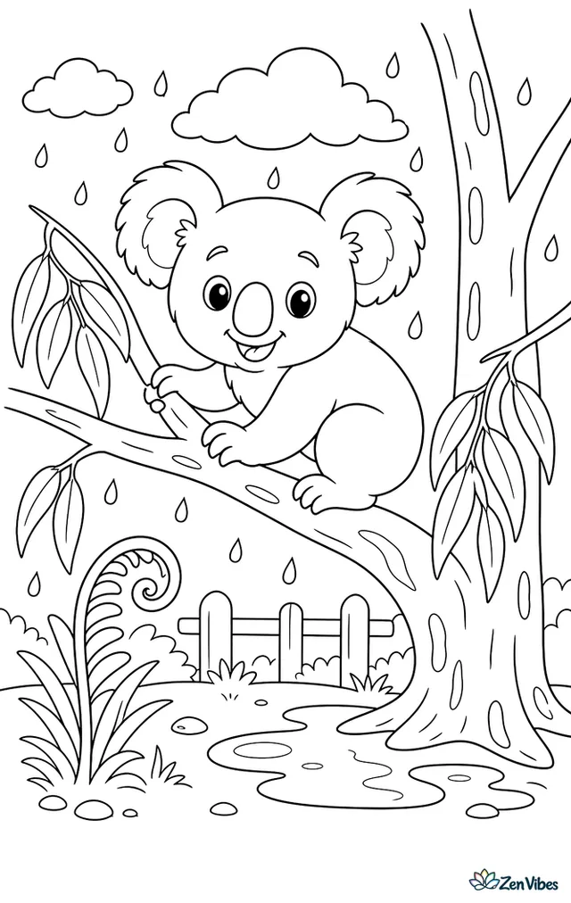 A koala balances on a eucalyptus branch during a light rain, with raindrops, gum leaves, a curled fern below, and puddles forming near the trunk.