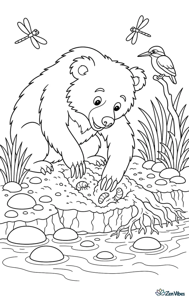 A sloth bear digs for grubs beside a riverbank, with exposed roots, dragonflies, smooth stones, tall grasses, and a small kingfisher perched nearby.