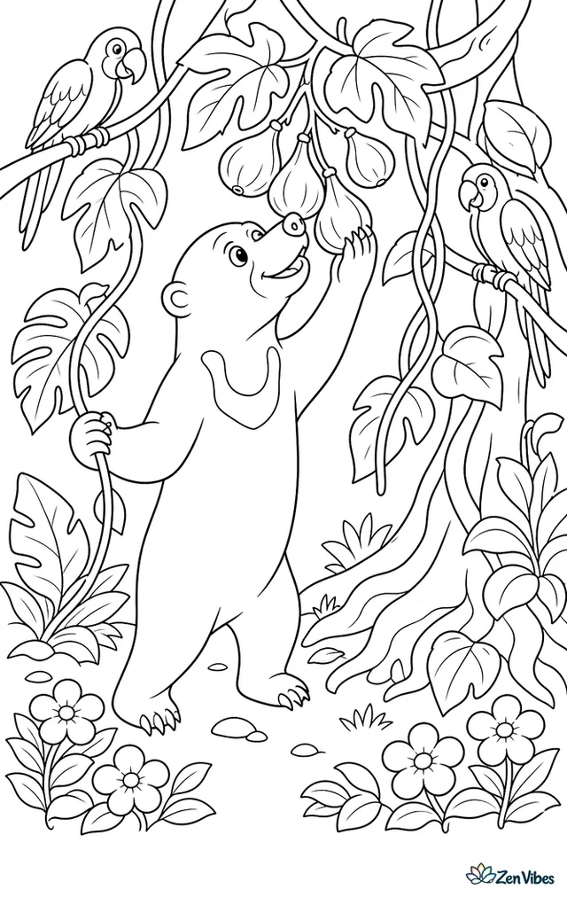 A sun bear stretches up among hanging vines to sniff ripe figs, with broad tropical leaves, tree roots, parrots in branches, and flowers on the jungle floor.