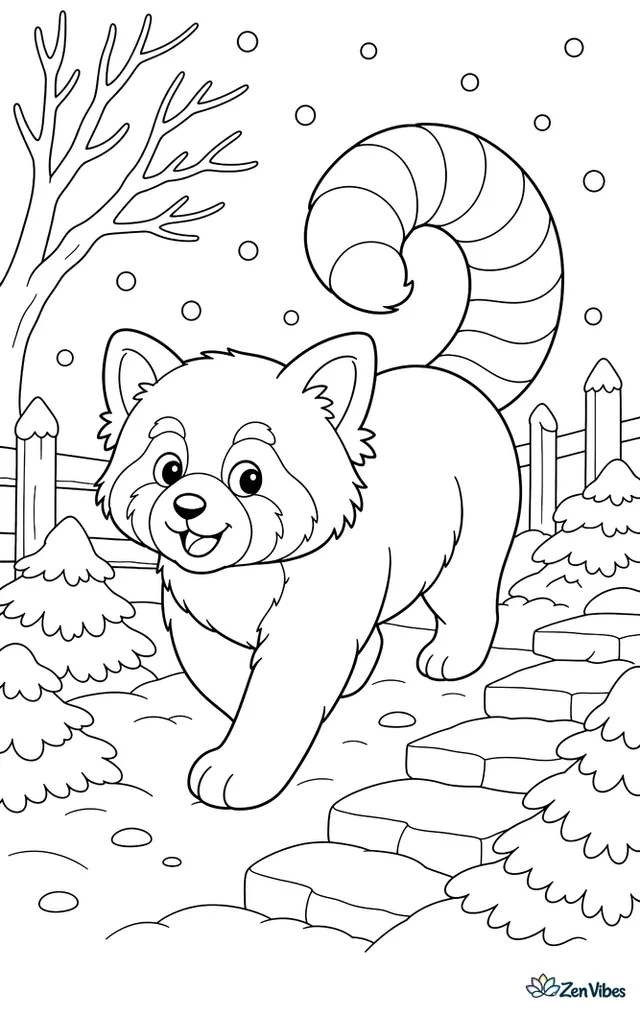 A red panda curls its striped tail while walking through light snowfall, with bare branches, a wooden fence, stone steps, and evergreen shrubs dusted white.