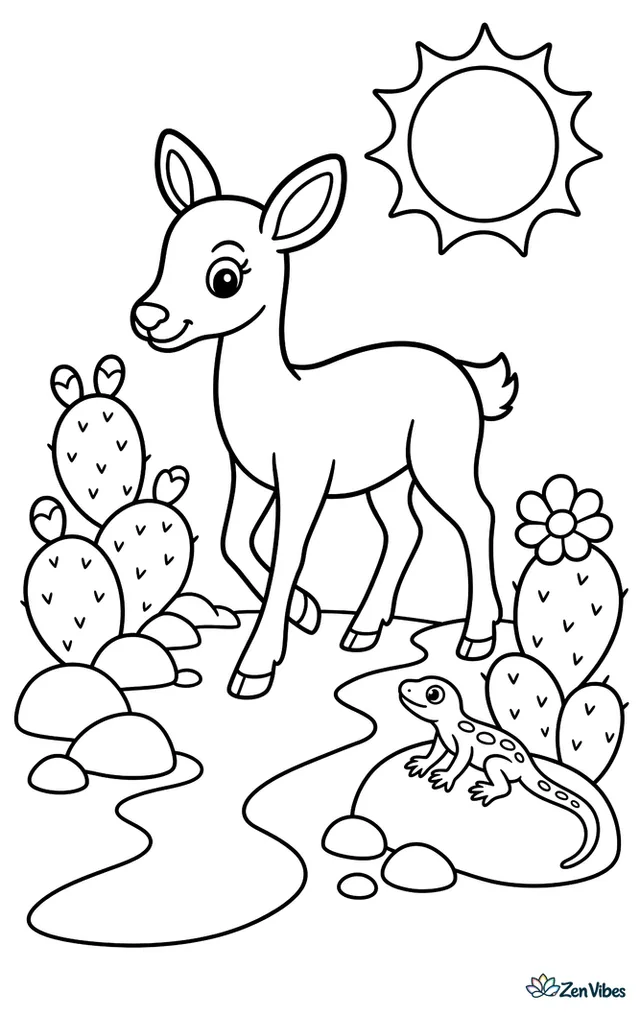 A mule deer doe walks along a sandy desert path between prickly pear cacti and smooth rocks, with a bright sun overhead and a small lizard resting beside a blooming cactus pad.