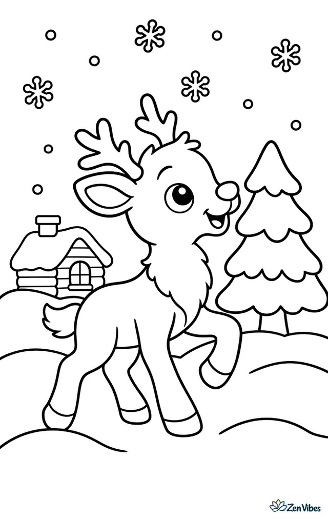 A reindeer calf trots across a snowy field near a cozy pine tree, watching falling snowflakes while a simple cabin and gentle northern hills appear in the background.