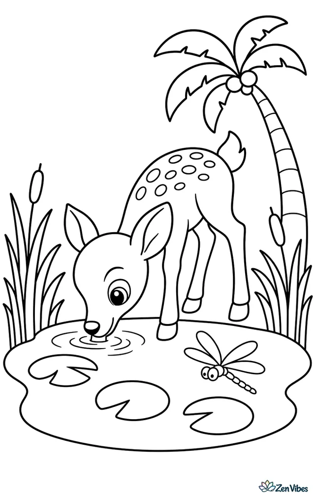 An axis deer fawn drinks from a shallow pond edged with reeds, with lily pads, a dragonfly, and leaning palm trees around the water under a clear sky.