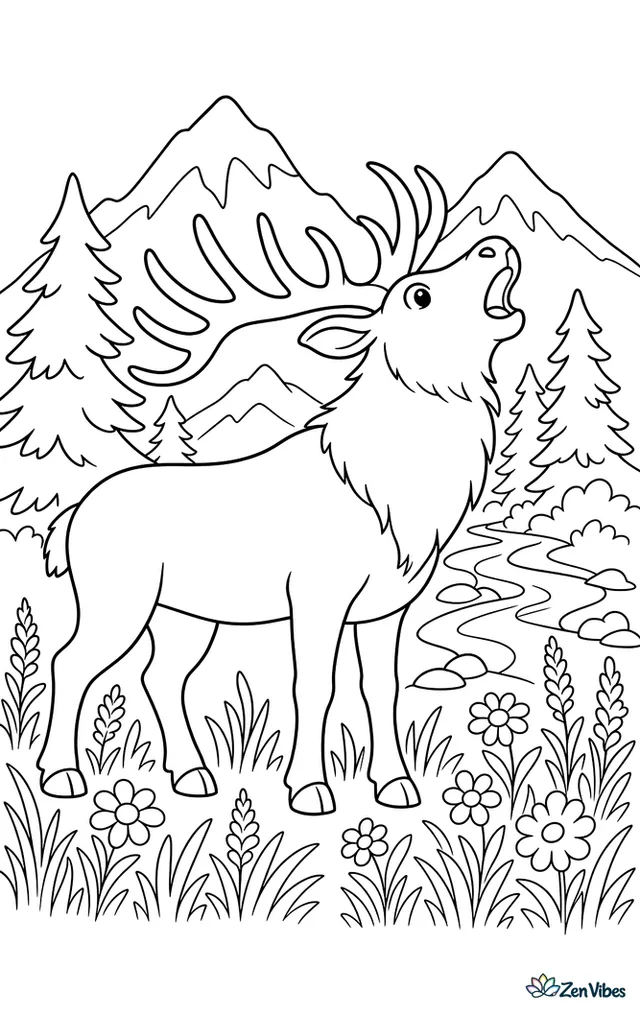 An elk bull lifts its head and bugles in a mountain meadow filled with tall grass, pine trees, and wildflowers, while layered peaks and a winding stream stretch across the background.