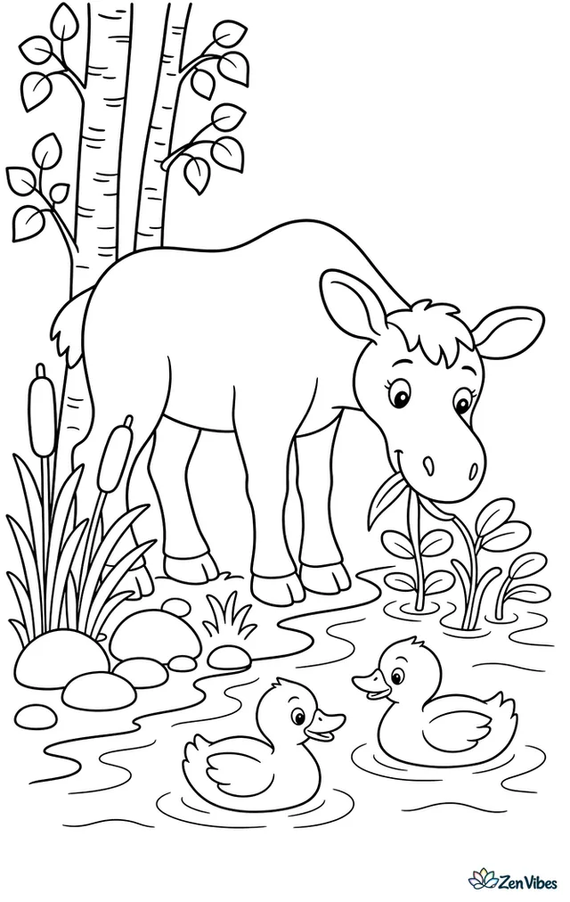 A moose cow grazes on pond plants at the edge of a quiet lake, surrounded by cattails, birch trees, smooth stones, and a pair of ducks gliding nearby.